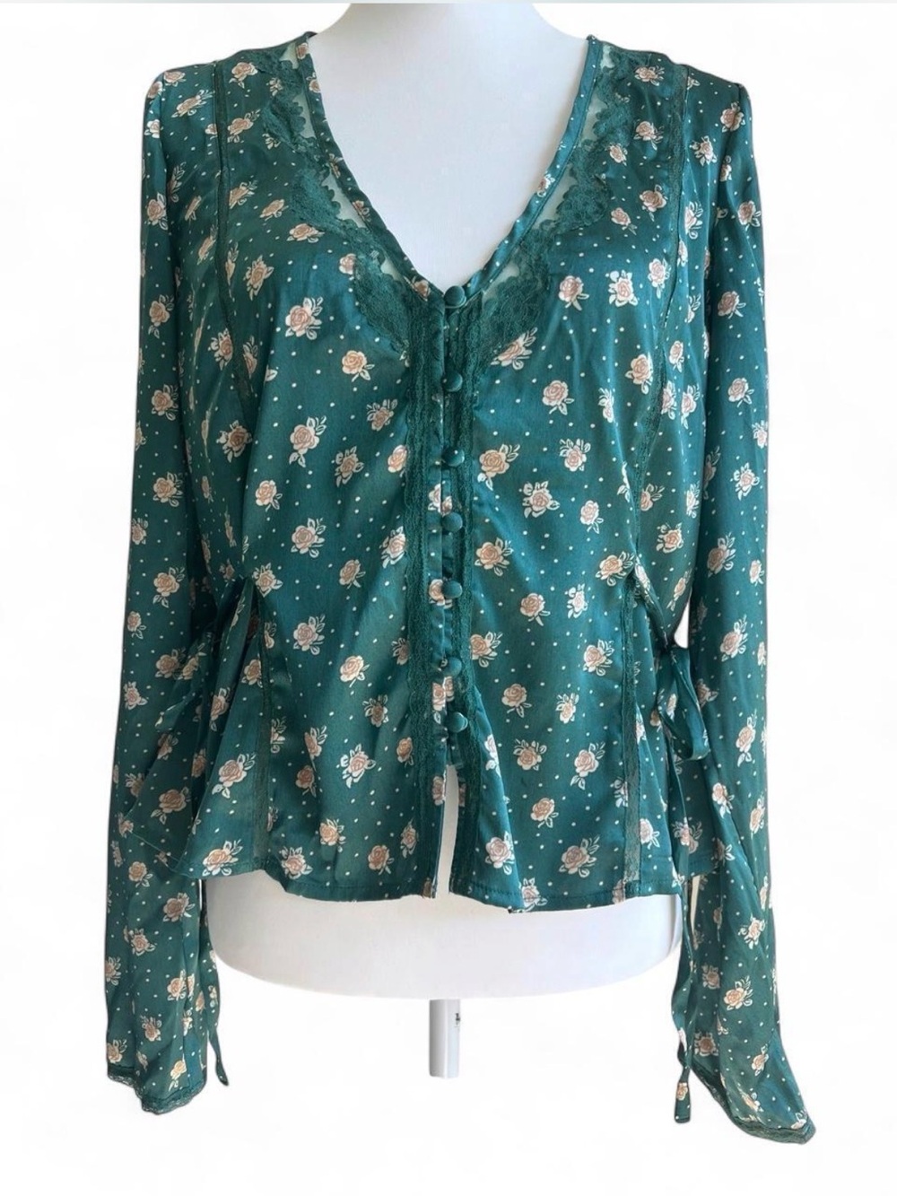 Free People Green Floral Lace Trim Button Front Blouse Size M